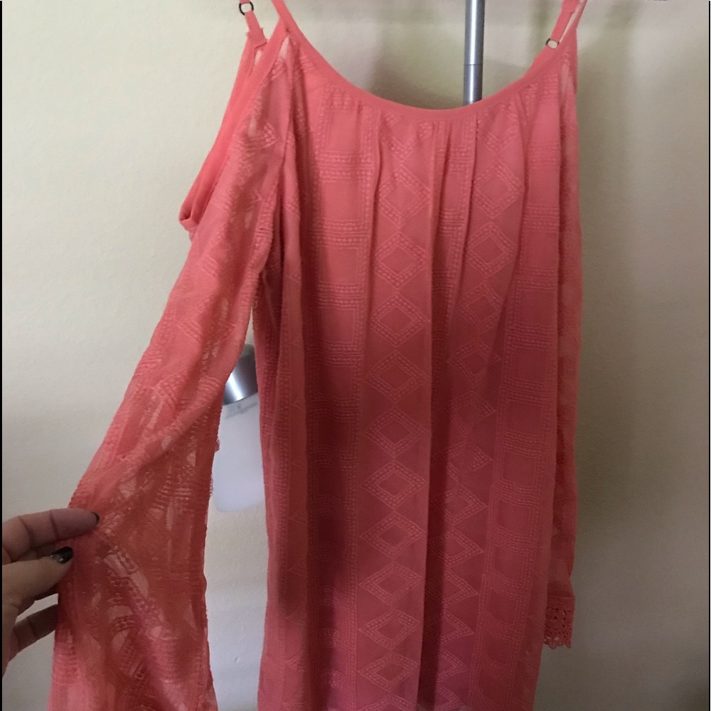 Off the shoulder salmon colored dress